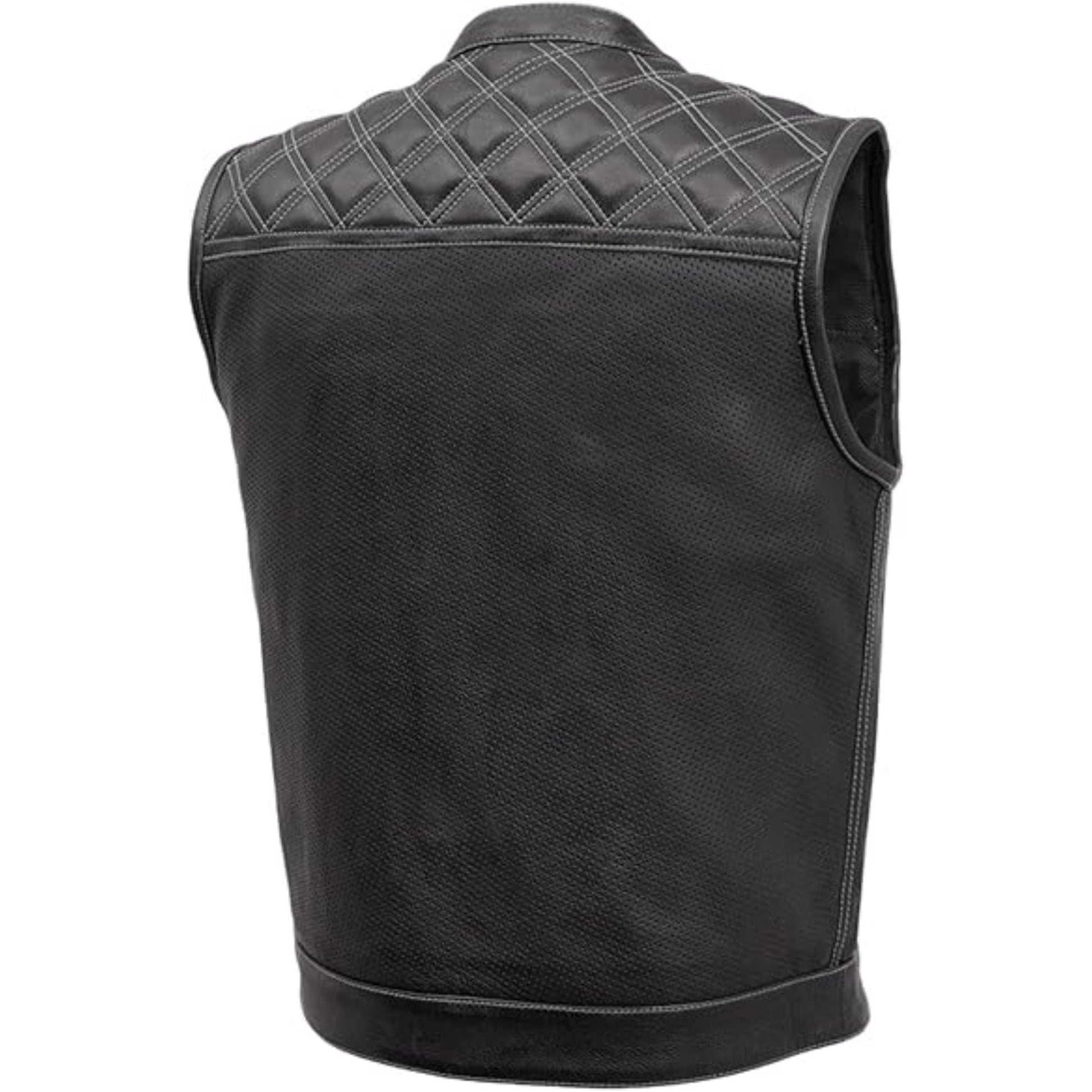 Black leather vest with quilted back design on a white background