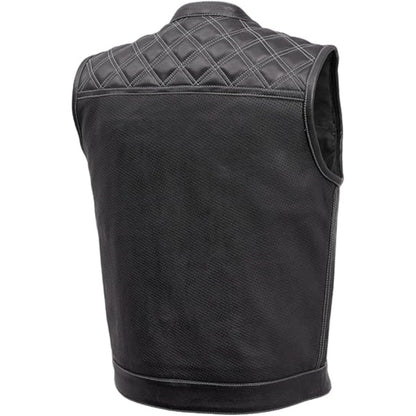 Black leather vest with quilted back design on a white background