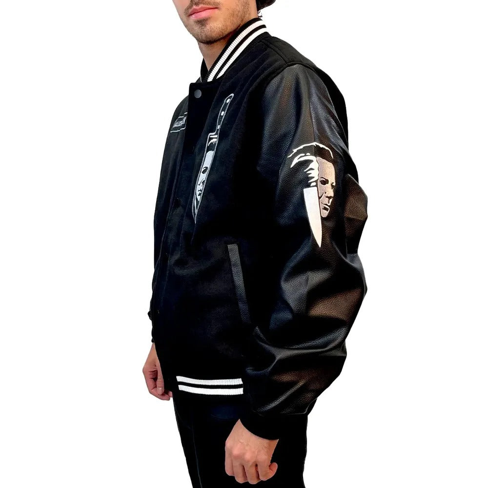 Black varsity jacket with white accents on a white background