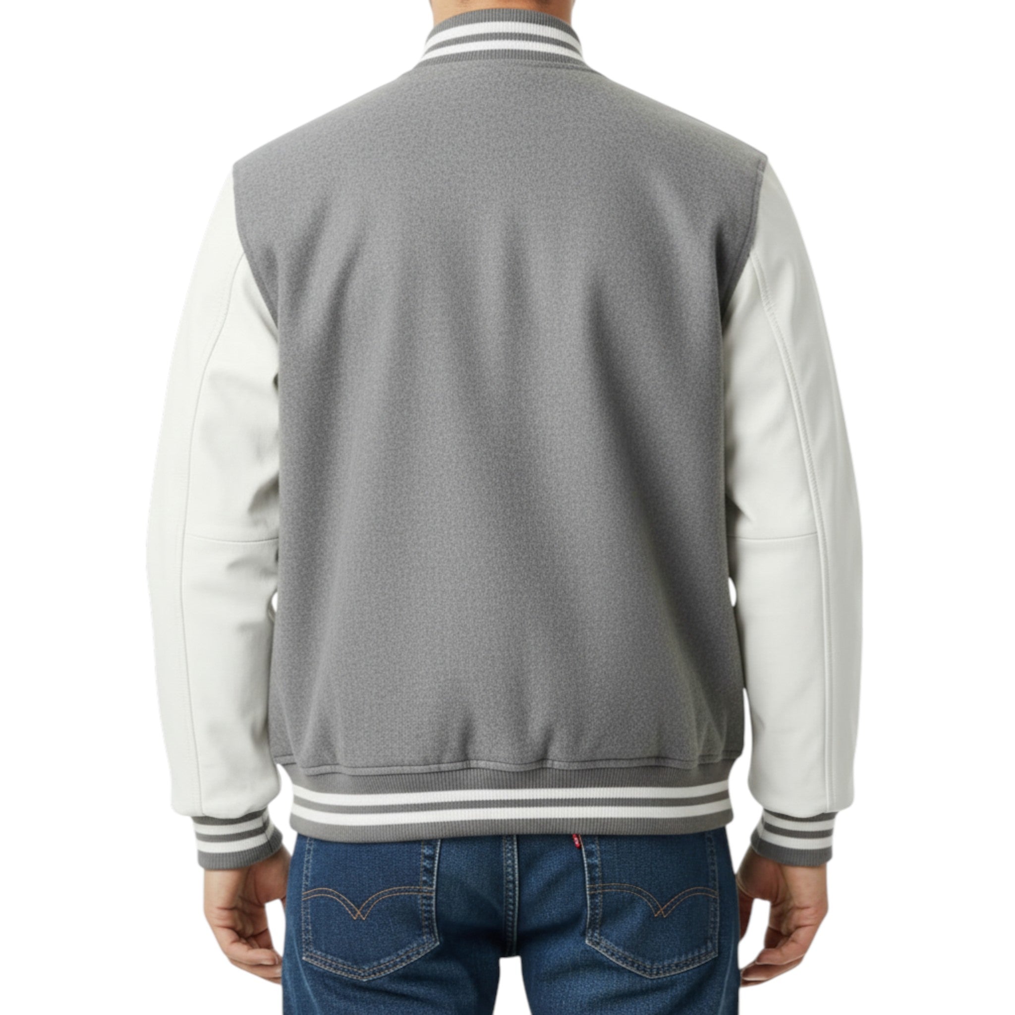 Gray and white varsity jacket worn by a person on a white background
