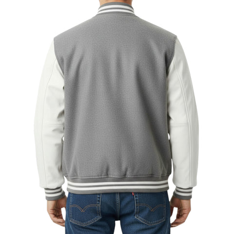Gray and white varsity jacket worn by a person on a white background