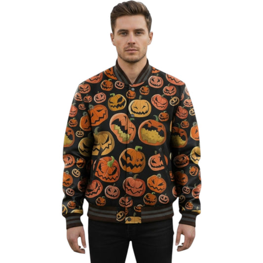 Man wearing a Halloween-themed jacket with pumpkin patterns on a white background