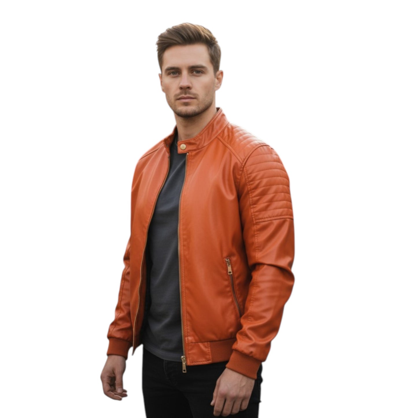 Man wearing an orange leather jacket on a white background