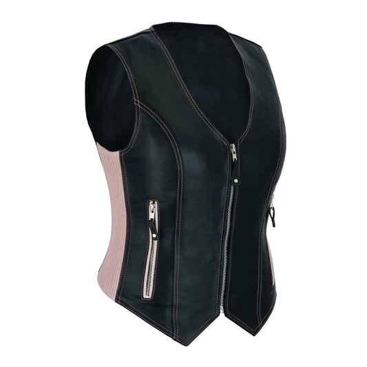 Black leather vest with a zipper on a white background