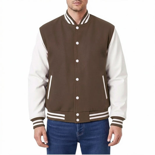 Brown and white varsity jacket worn by a person on a white background
