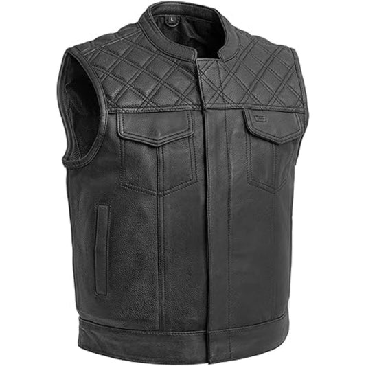 Black leather vest with quilted design on a white background
