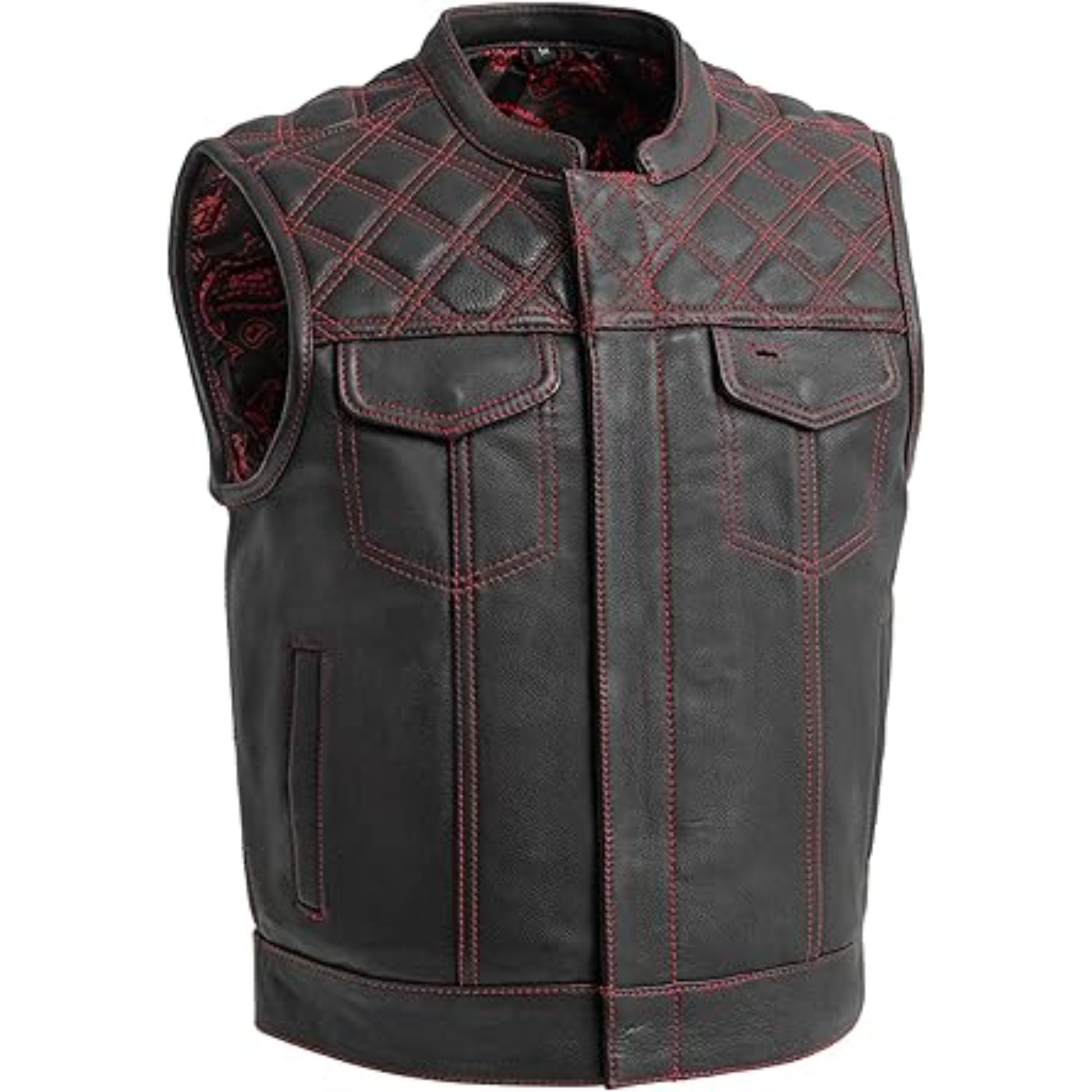 Black leather vest with red stitching on a white background