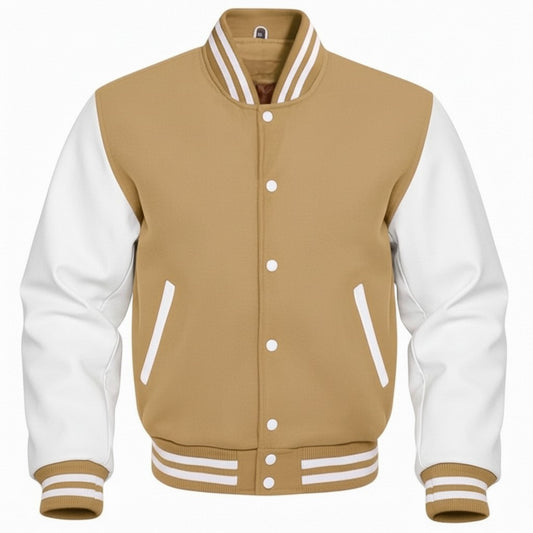 Brown and white varsity jacket on a white background