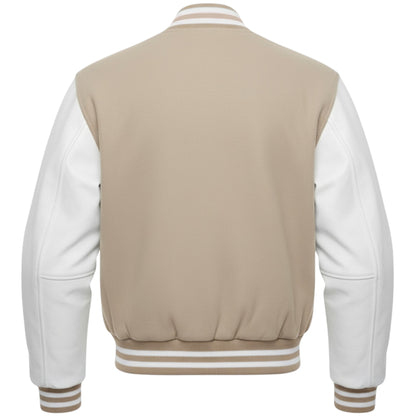 Beige and white varsity jacket on a white background