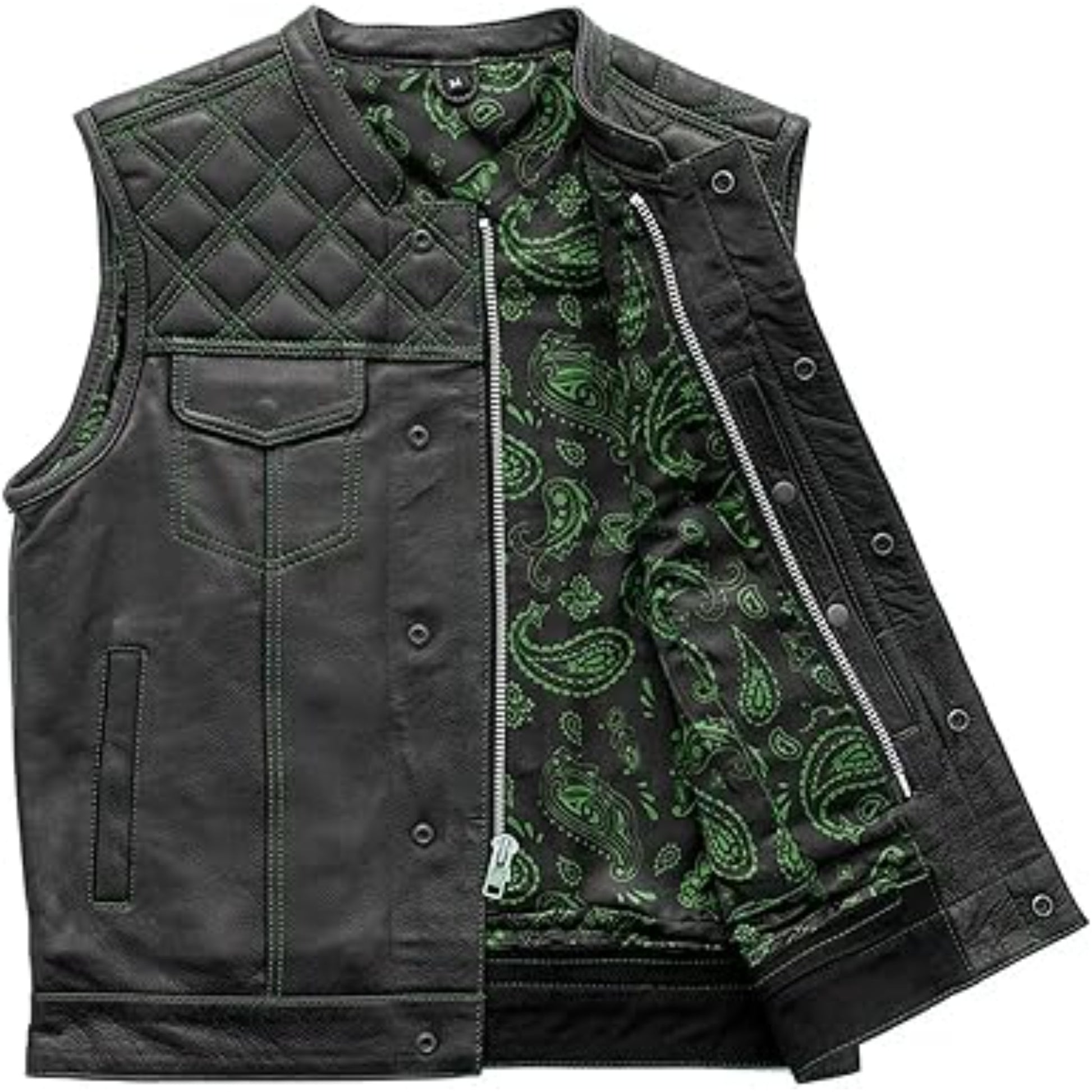 Black quilted vest with green paisley pattern on a white background