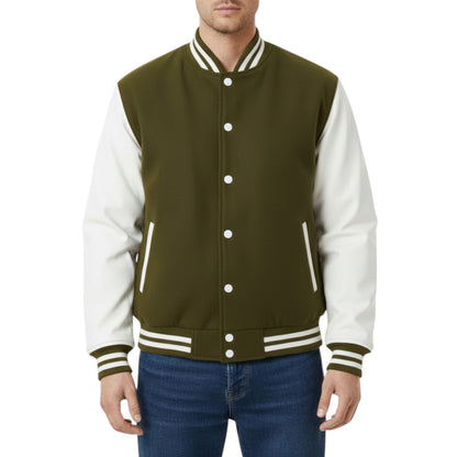 Unisex Olive Green & White Letterman Bomber – Retro Varsity Style