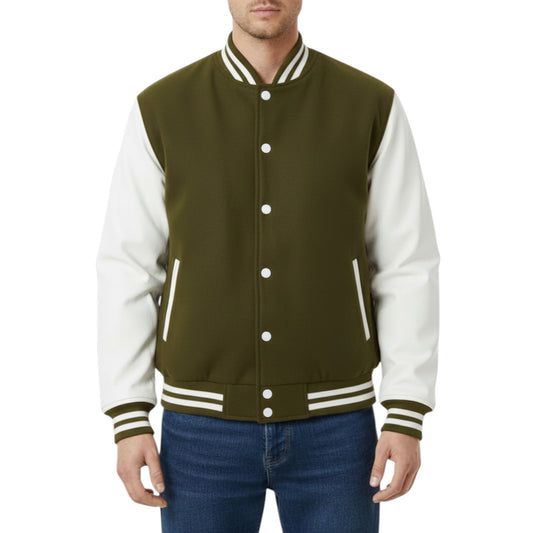 Unisex Olive Green & White Letterman Bomber – Retro Varsity Style