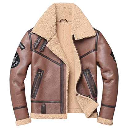 Brown leather jacket with beige fur lining on a white background