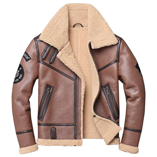 Brown leather jacket with beige fur lining on a white background