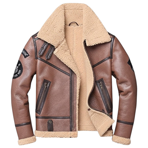 Brown leather jacket with beige fur lining on a white background