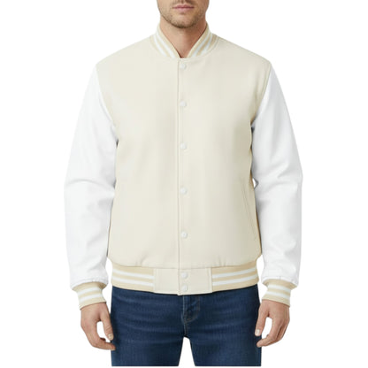 Off-White & Cream Classic Varsity Letterman Athletic Bomber Jacket