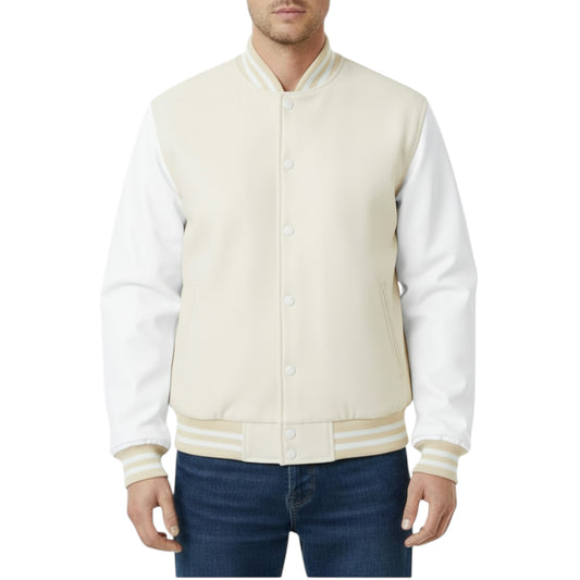 Off-White & Cream Classic Varsity Letterman Athletic Bomber Jacket