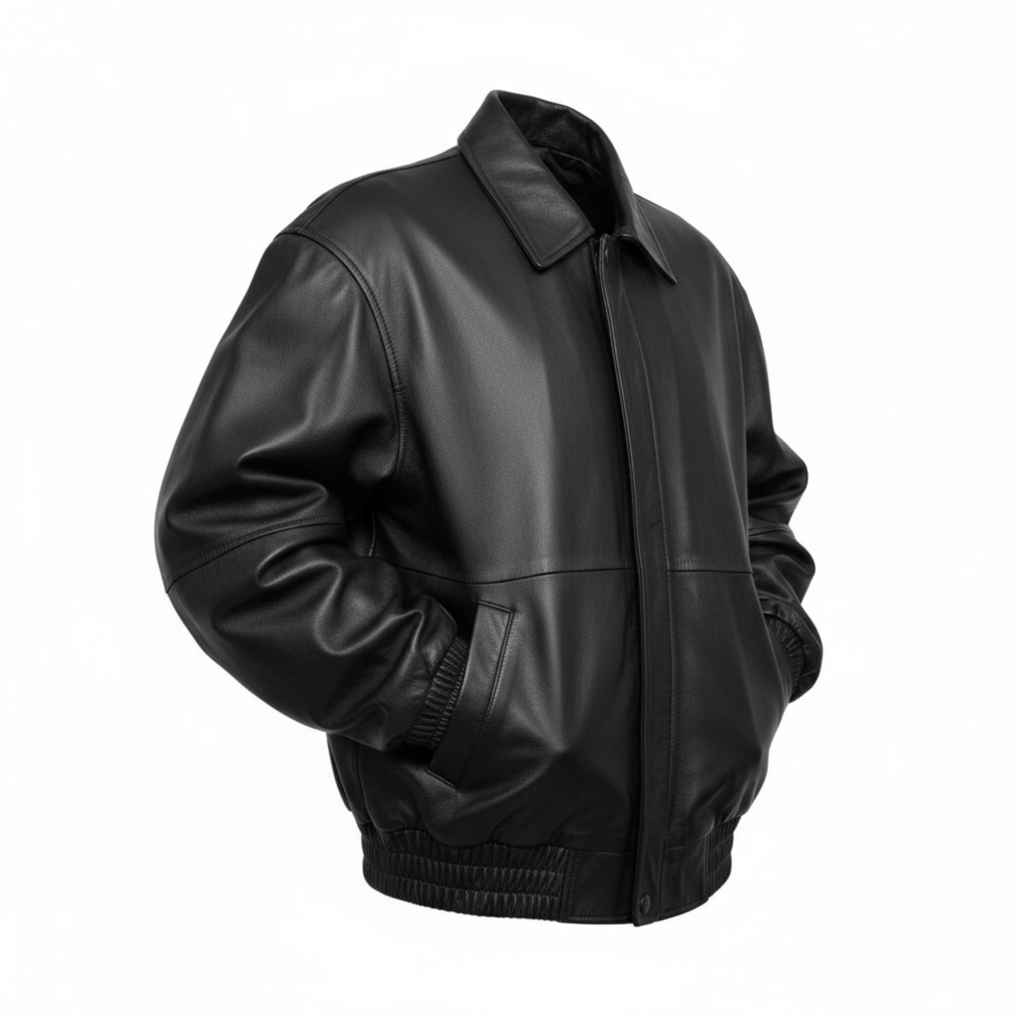 Black leather jacket on a white background