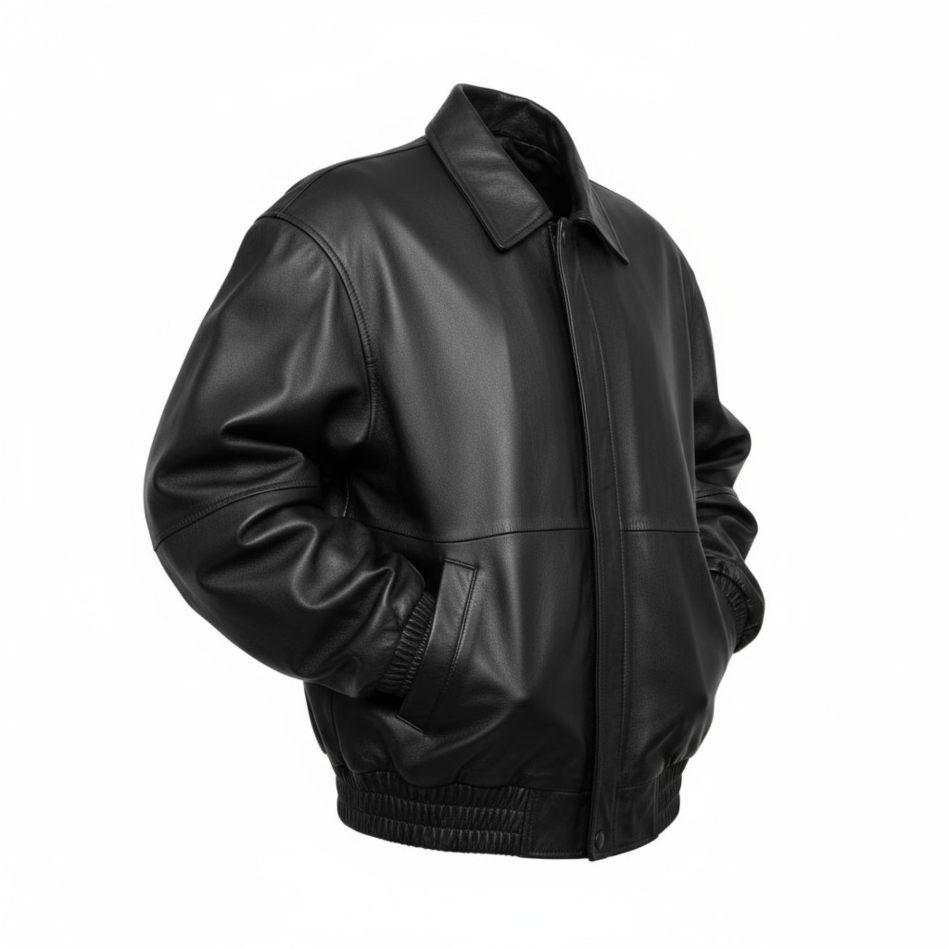 Black leather jacket on a white background