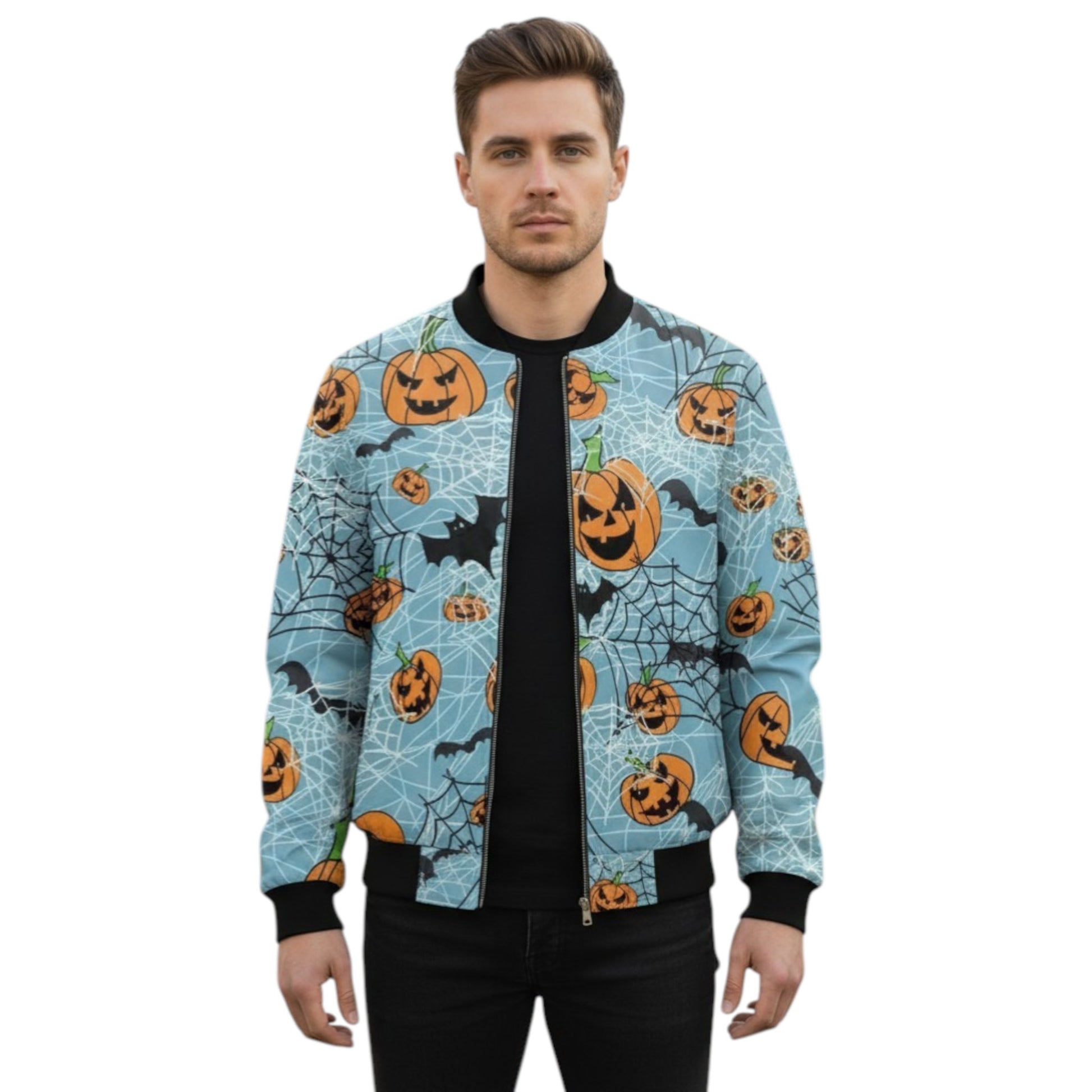 Man wearing a Halloween-themed bomber jacket with pumpkins and cobwebs on a white background