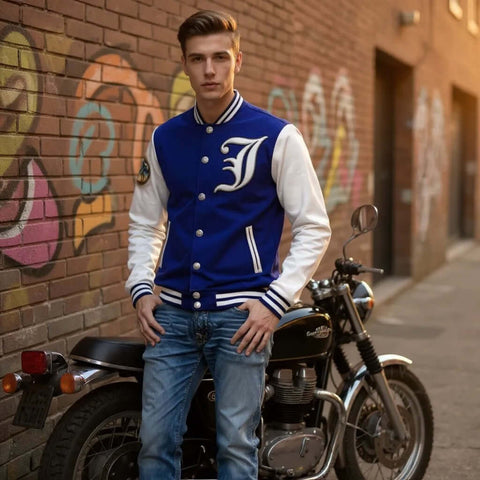 Classic Lettermen Bomber Varsity Jacket Blue Wool Leather