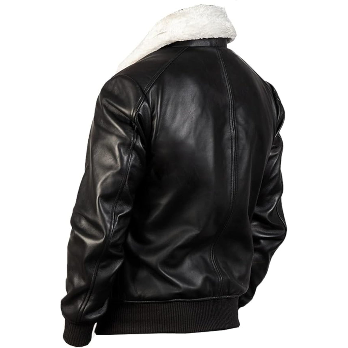 Black leather jacket with white fur lining on a white background