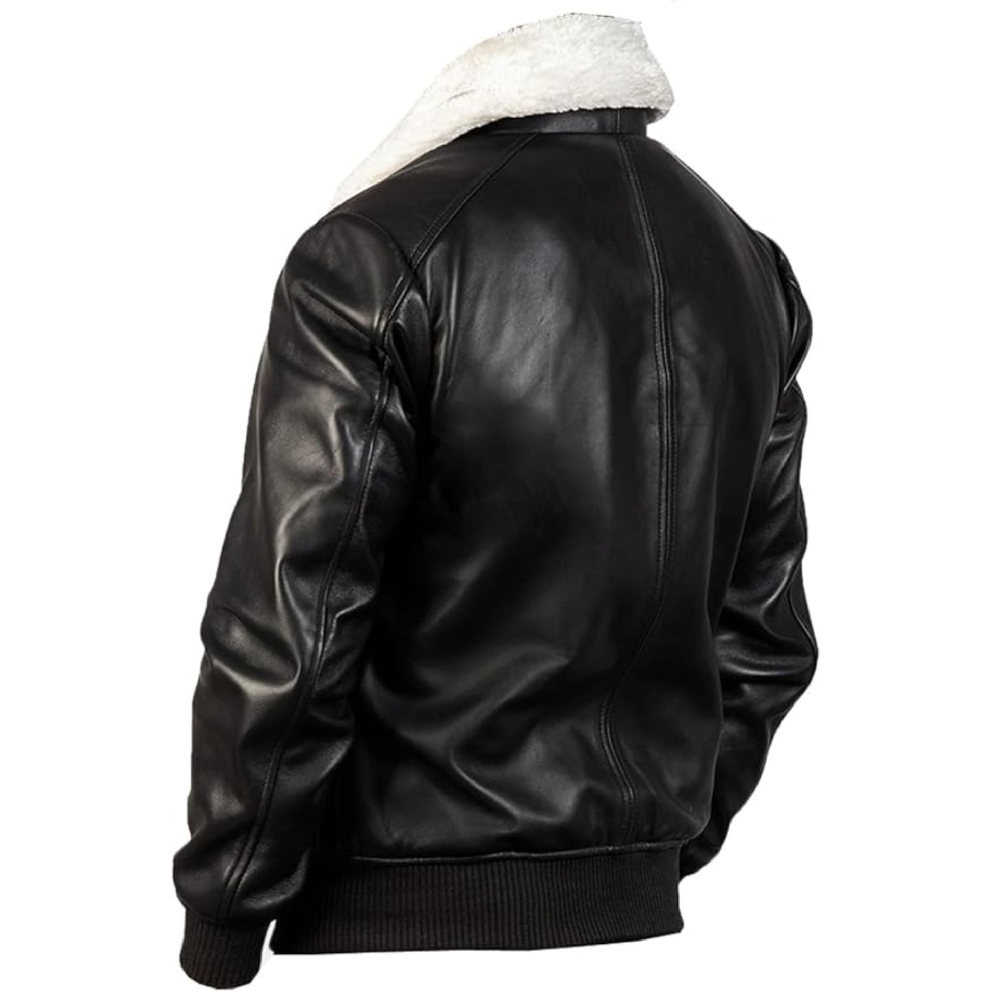 Black leather jacket with white fur lining on a white background