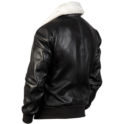 Black leather jacket with white fur lining on a white background