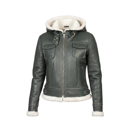 Green leather jacket with white fur lining on a white background