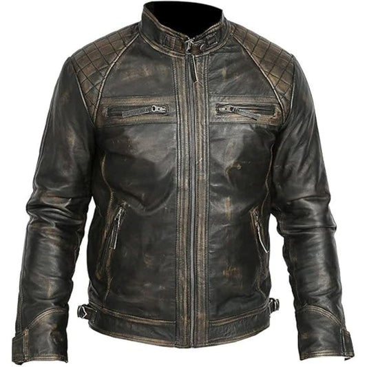 Brown leather jacket with quilted shoulder design on a white background