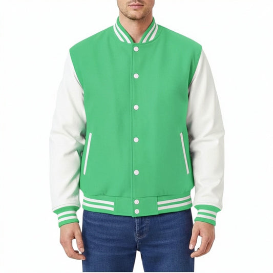 Green and white varsity jacket worn by a person on a white background