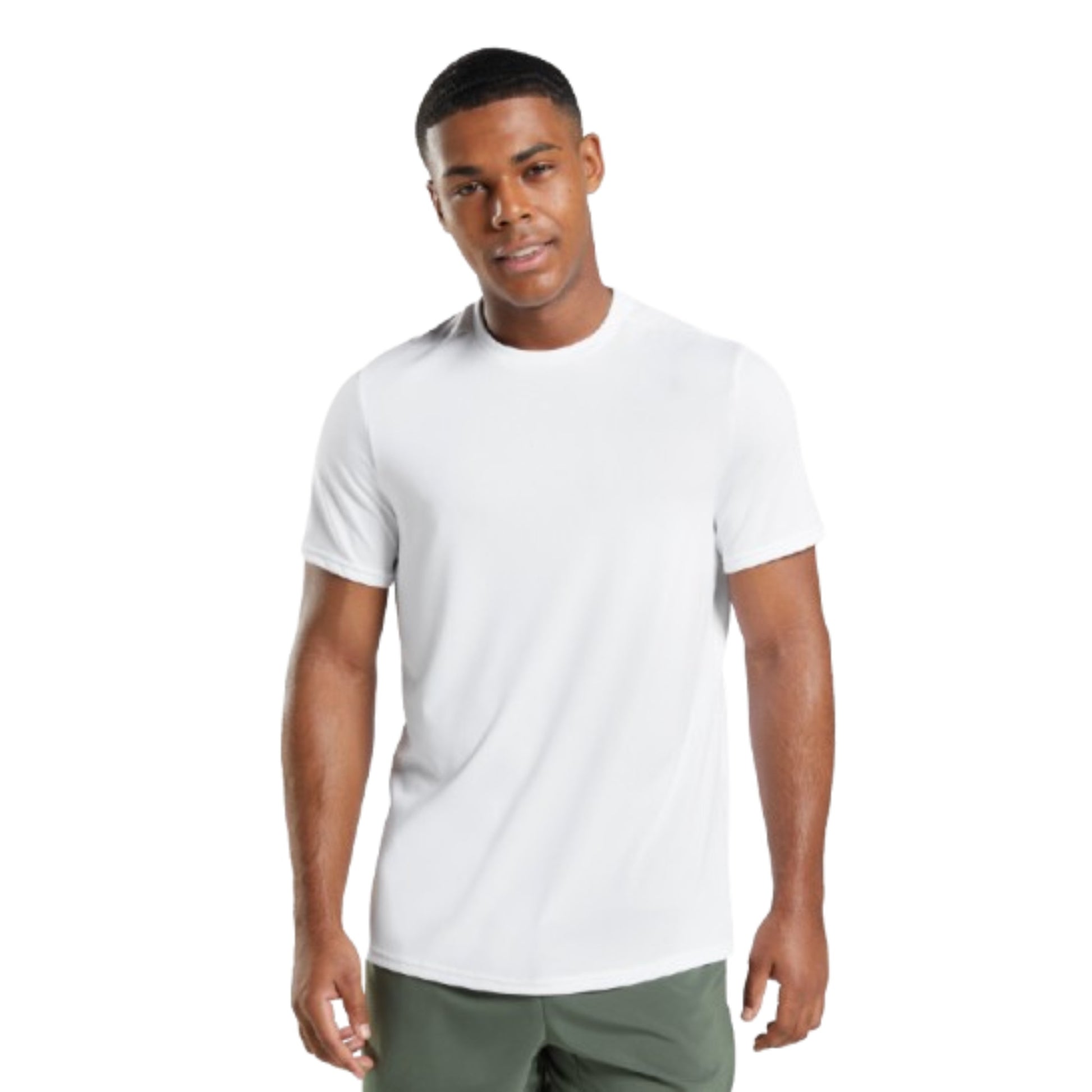 Man wearing a white t-shirt and green pants on a white background