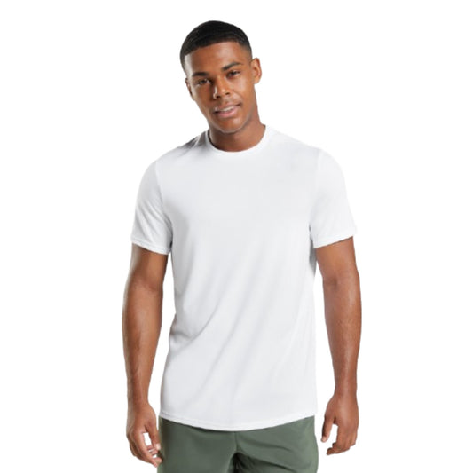 Man wearing a white t-shirt and green pants on a white background