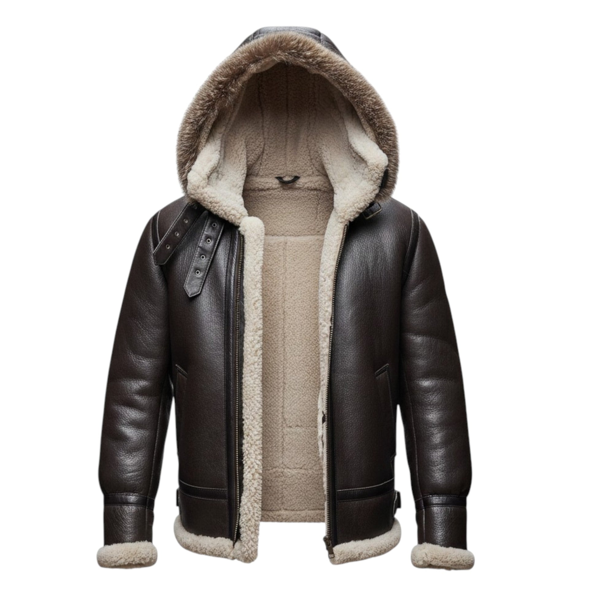Brown leather jacket with fur-lined hood on a white background