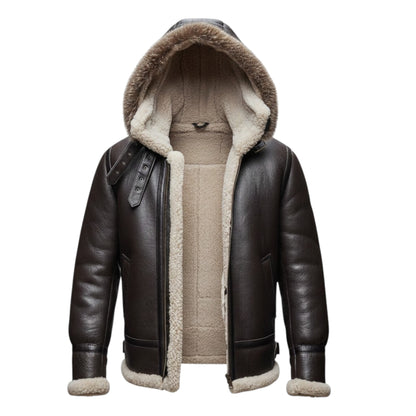 Brown leather jacket with fur-lined hood on a white background