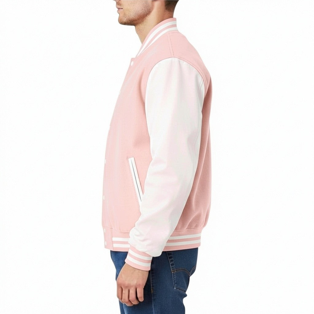 Person wearing a pink and white varsity jacket on a white background