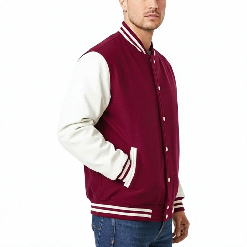 Maroon and white varsity jacket worn by a person on a white background