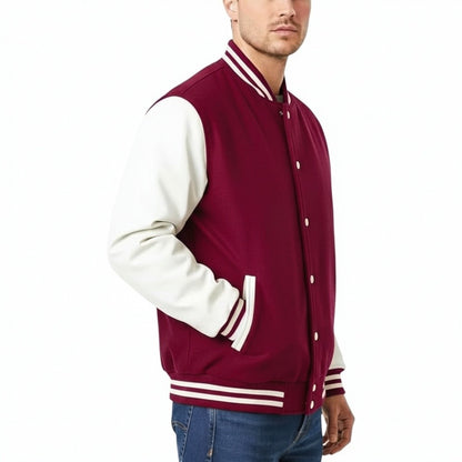 Maroon and white varsity jacket worn by a person on a white background