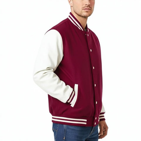Maroon and white varsity jacket worn by a person on a white background