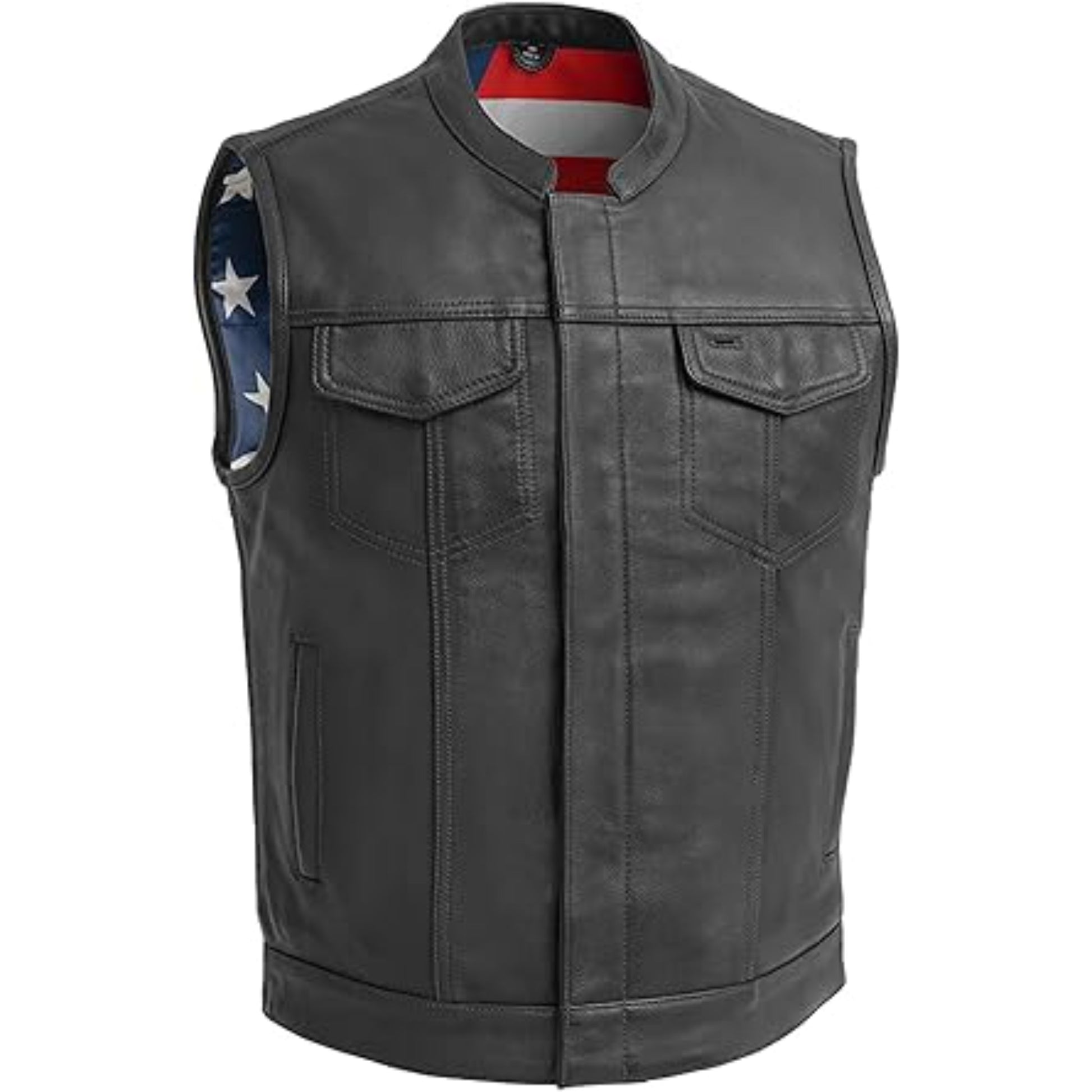 Black leather vest with American flag patch on a white background