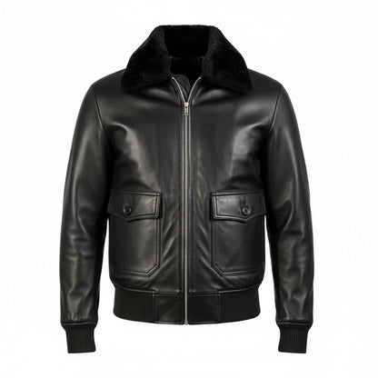 Black leather jacket with a fur-lined hood on a white background