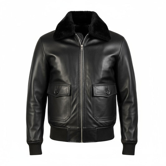 Black leather jacket with a fur-lined hood on a white background