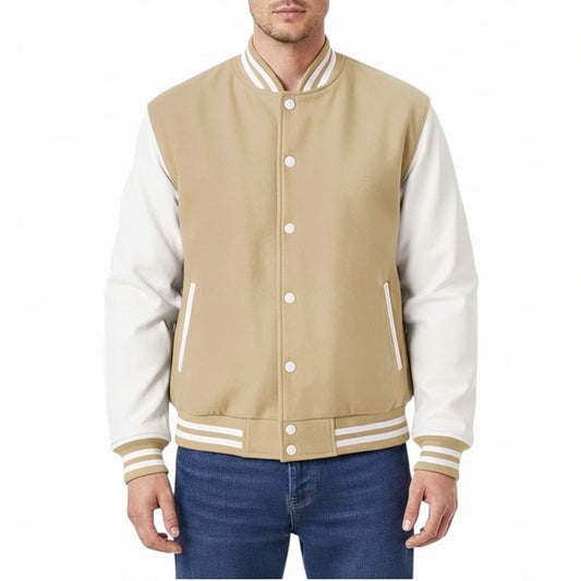 Beige and white varsity jacket worn by a person on a white background