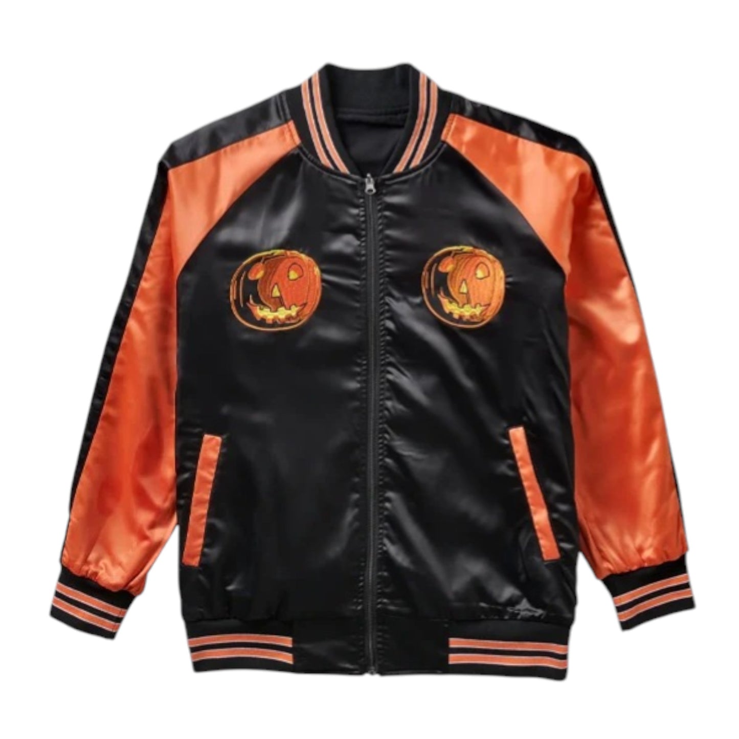 Black and orange jacket with pumpkin face designs on a white background