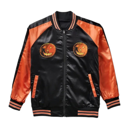 Black and orange jacket with pumpkin face designs on a white background