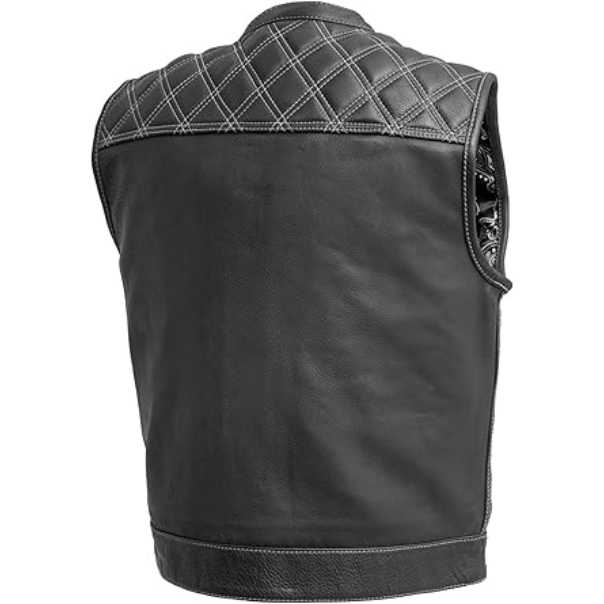 Black leather vest with quilted back design on a white background