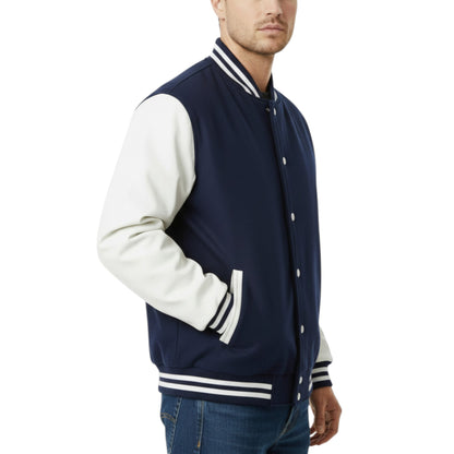 Navy Blue and White Striped Trim Varsity Letterman Bomber Jacket