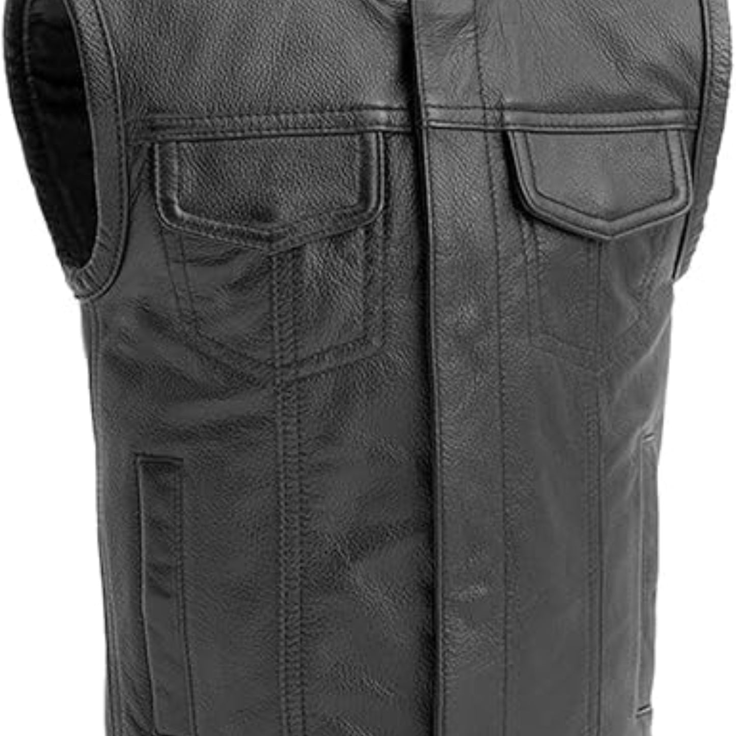 Black leather vest with two front pockets on a white background