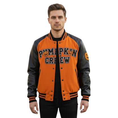 Man wearing an orange and black varsity jacket with 'Pumpkin Crew' text on a white background