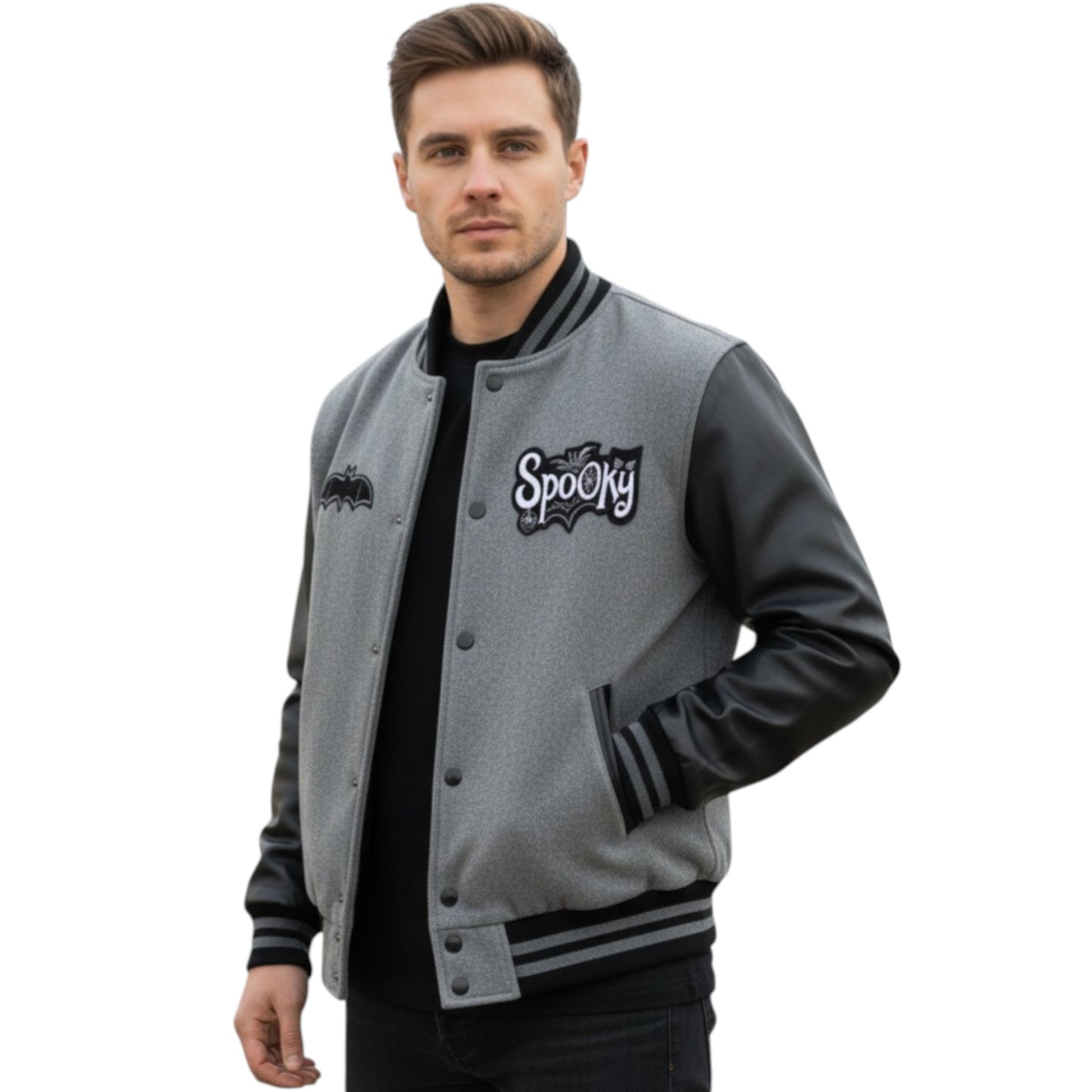 Man wearing a gray letterman jacket with 'Spooky' logo on a white background
